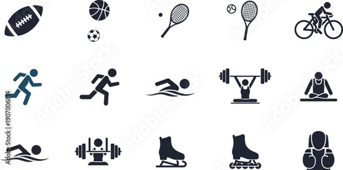 Sports activity silhouette icon set featuring running, cycling, swimming, weightlifting, ball sports, and fitness exercises in clean flat vector style