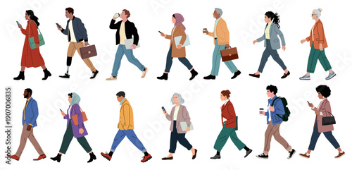 Set of diverse people of different ages and races, including a man with prosthetic leg, walking and using smartphones, laptops, coffee cups, and bags, flat vector isolated on transparent background