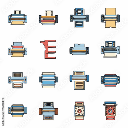 Collection of various printer icons in a grid layout, showcasing different models and designs of printing devices.