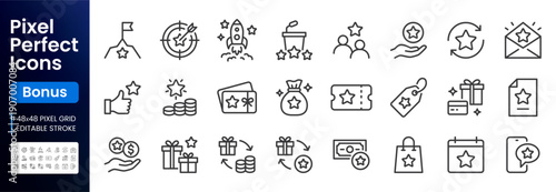 Bonus line icon set. Benefit gift, exclusive reward, star VIP award, ticket minimal vector illustrations. Simple outline signs, loyalty premium membership program. 48x48 Pixel Perfect Editable Stroke