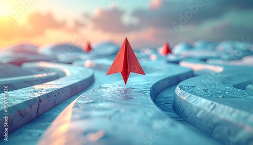 Red paper airplane navigating winding path towards sunset sky business concept