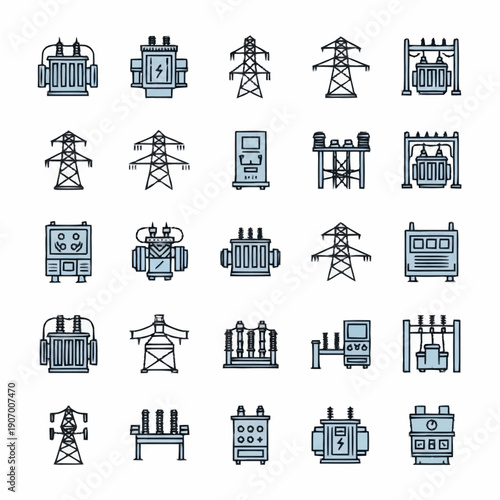 Electrical Power Transmission and Distribution Equipment Icons Set.
