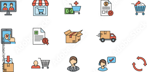 Ecommerce and online shopping icon set featuring order processing, digital payments, delivery services, customer support, and retail management symbols in flat vector style
