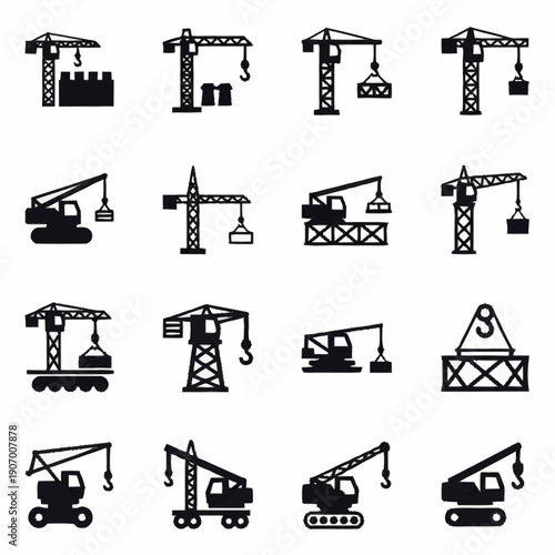 Industrial Crane Icons Set for Construction and Heavy Lifting.