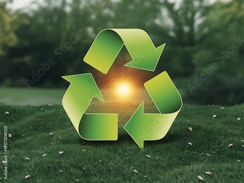 Recycling symbol on green grass with sun in background  environmental conservation