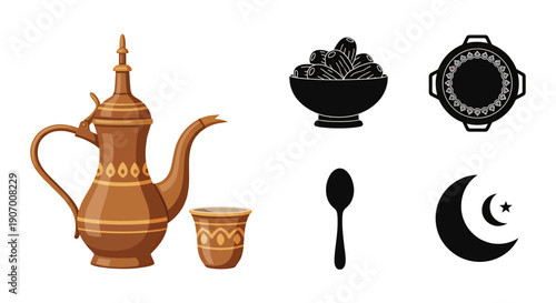 Arabic Coffee Pot Dates Crescent Islamic Hospitality Icons