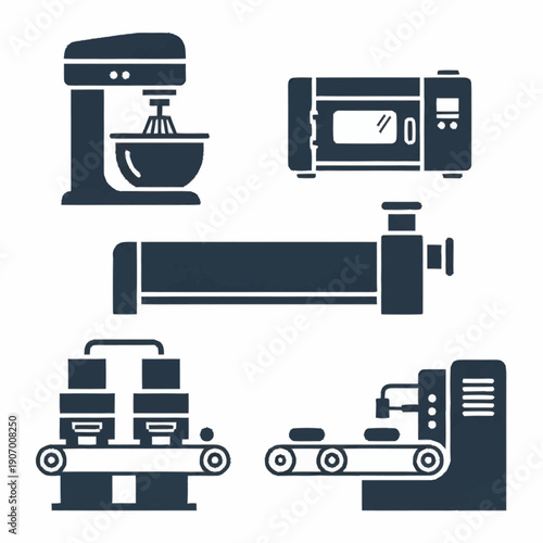 Industrial Food Processing Equipment and Bakery Machinery Icons Set.