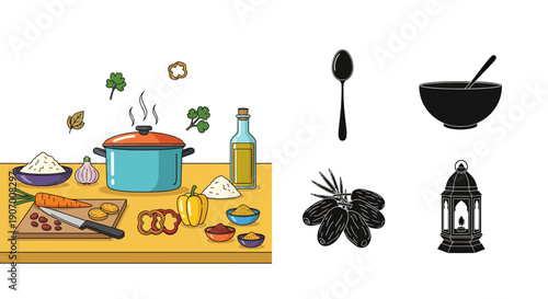 Cooking Ingredients Kitchen Scene Dates Lantern Islamic Icons
