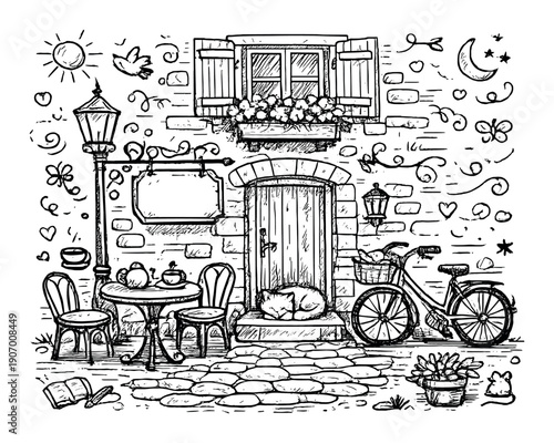 Charming night garden scene with bicycle and sleeping cat