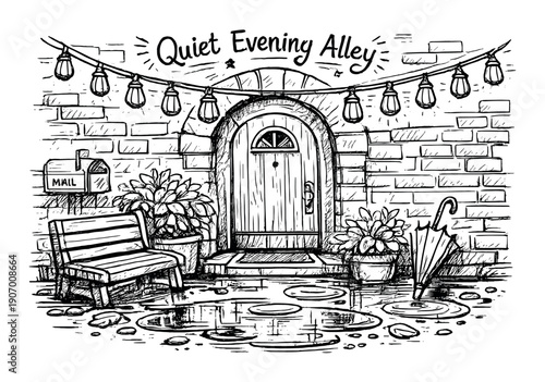 Quiet evening alley: brick wall, string lights, bench, plants, puddle, umbrella