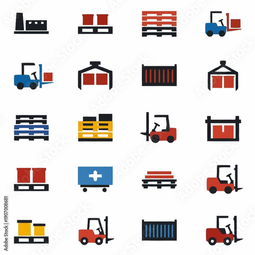 Industrial Logistics and Warehouse Operations Icons Set.