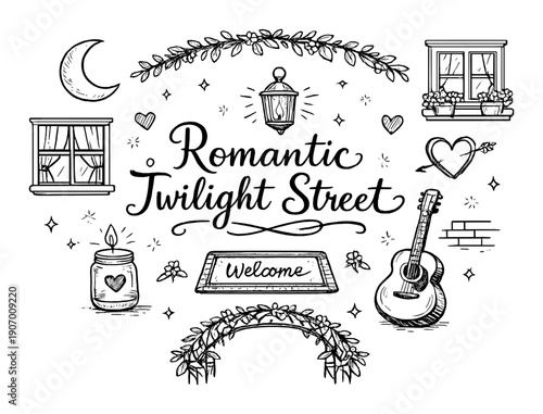 Romantic twilight street: charming night scene with lantern, guitar, and heart motifs