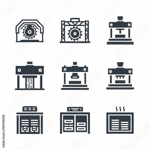 Industrial machinery icons set representing manufacturing and production processes.