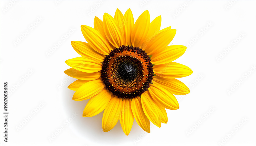 Obraz premium Bright and cheerful yellow sunflower in full bloom, showcasing the natural beauty of this stunning flower isolated on a clean white background, highlighting its detailed petals and vibrant center