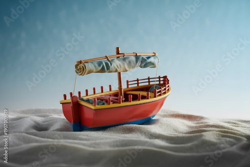 Small red toy boat with yellow trim and blue bottom on sand