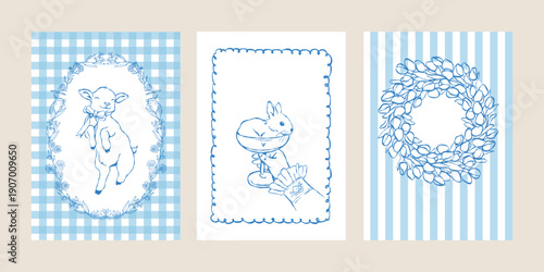 Easter invitation templates. A vintage set of Easter greeting cards featuring hand-drawn illustrations of a floral wreath, bunny, and baby goat in soft pastel blue tones with retro patterns. Vector