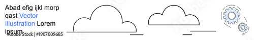 Cloud computing, data processing, technology integration, system management, digital transformation, cloud storage. Two cloud symbols and gear icons. Cloud computing and data processing concepts