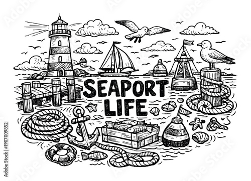 Nautical doodle art featuring lighthouse seahorse and anchor