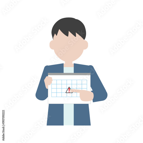 カレンダーの注意日を指差しする男性アイコン（三角警告）