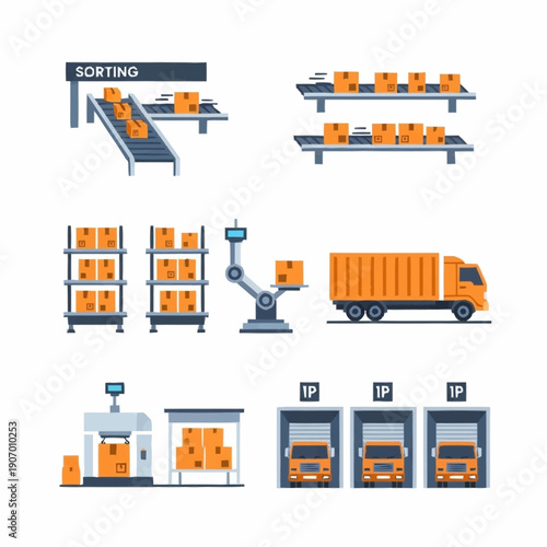 Logistics and warehouse operations with sorting, storage, and delivery.