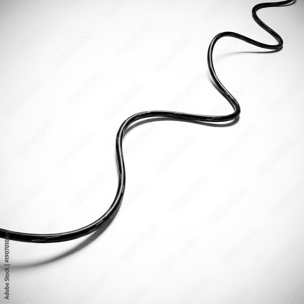 Fototapeta premium A sharp image of a flexible black insulated electrical wire cable snaking or coiling dramatically against a bright white backdrop surface, conductor, winding, shape