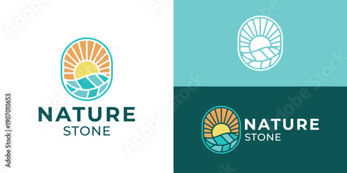 Creative simple nature stone logo template. Sunrise sunset sunshine with leaf and stone logo design vector illustration.
