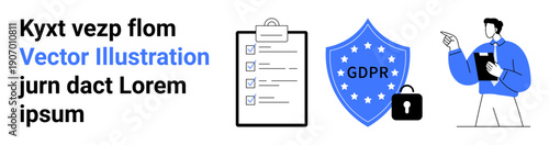 Data privacy, GDPR compliance, secure information sharing, cybersecurity, data protection, legal regulations. A shield with GDPR text, checklist lock and a person pointing. GDPR compliance and data