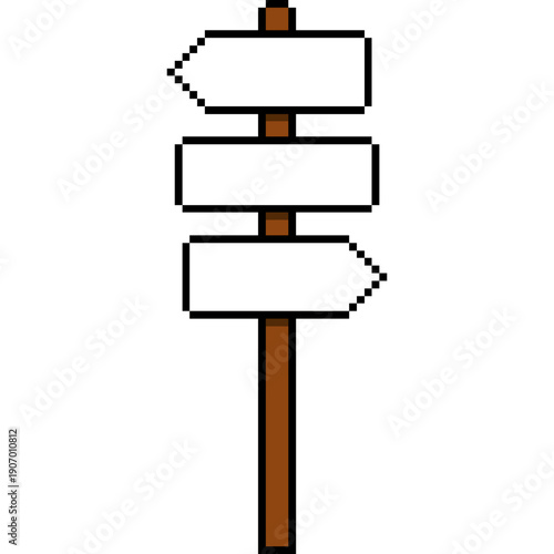 Pixel Art Wooden Signpost Multiple Directions, 8-Bit Crossroad Sign, Retro Game Navigation Element