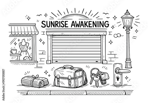 Vintage street scene with shop window, luggage, and keys