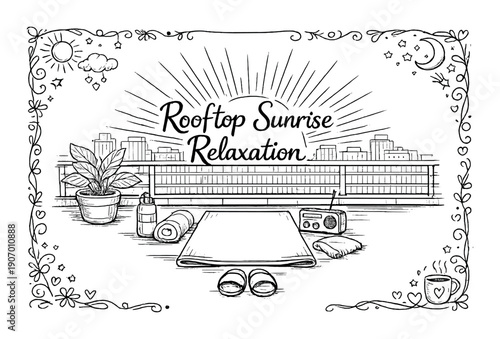 Rooftop sunrise relaxation with yoga mat and accessories