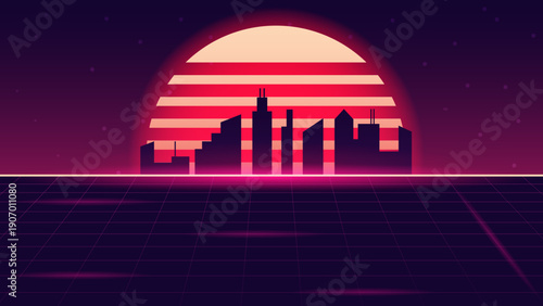 Retro 80s Synthwave Cyberpunk City Skyline with Neon Sunset – Futuristic Vector Background Illustration