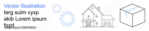 Innovation, housing, logistics, development, engineering, and industry. Outline of a house with gears and a cube. Innovation and housing visual concepts