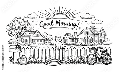 Charming suburban neighborhood scene with houses, cat, and bicycle