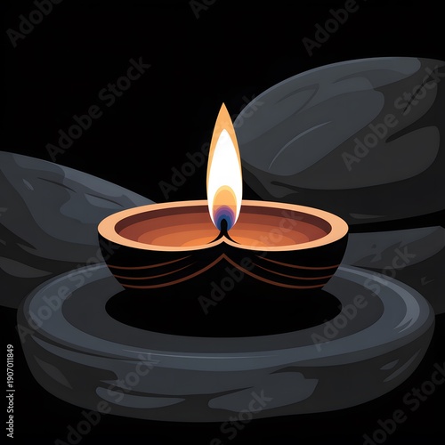 Traditional Indian clay lamp with burning flame on plate  Diwali decoration