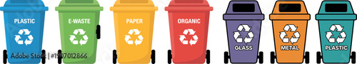 Colorful recycling bins for different types of waste materials lined up