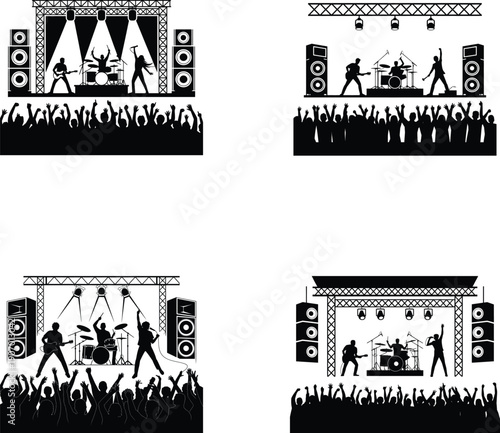 Silhouetted illustrations of rock bands performing on stage with cheering crowds and concert lighting, capturing live music energy.