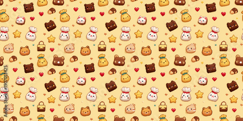 Wallpaper Mural Cute pixelated chocolates and gift bags in 16-bit sprite style, seamless flat art pattern on pastel yellow background Torontodigital.ca