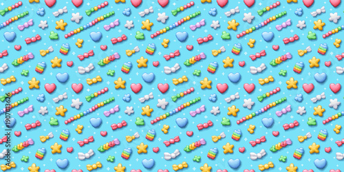 Wallpaper Mural pixel art seamless pattern with 8-bit hair clips, stars, and candies, vibrant neon rainbow lifestyle backdrop on baby blue background Torontodigital.ca