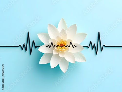White lotus flower with yellow center and black ecg line on blue background
