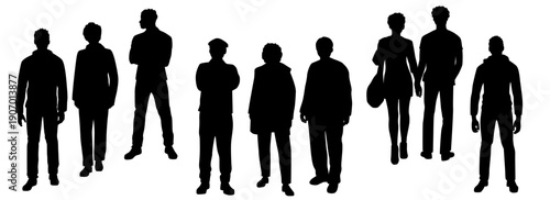 Silhouettes of men and women, standing and walking, group and single, front and back view, vector image, profile, black color, isolated on white background