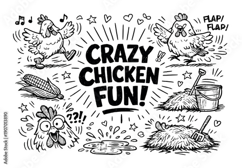 Black and white cartoon chickens dancing with music notes and farm elements