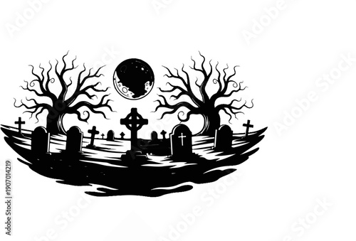 Spooky cemetery scene with bare trees, moon, and gravestones under a dark sky