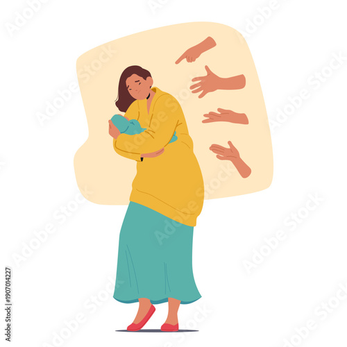 Young mother protecting baby child from multiple reaching diverse hands of people citizen scene