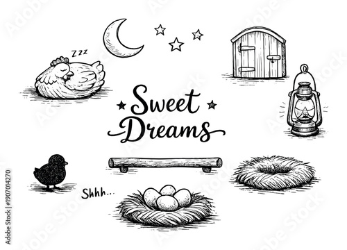 Cozy farm night scene with sleeping chicken and eggs under moon and stars