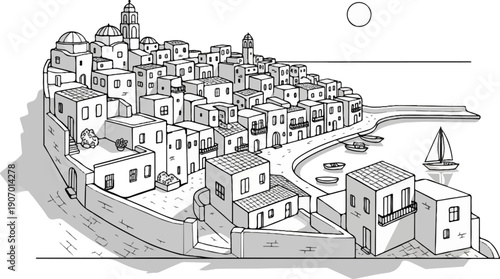 Sketch of a Mediterranean village with white buildings and boats in the harbor
