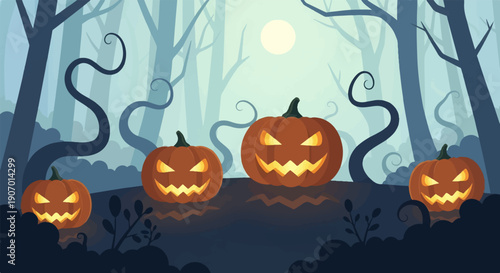Spooky forest scene with carved pumpkins under a full moon