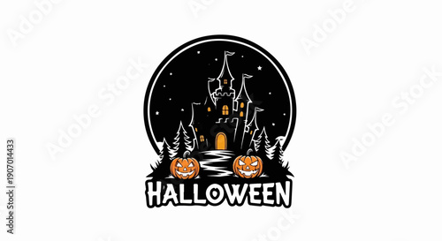 Spooky Halloween castle with pumpkins and pine trees under starry night