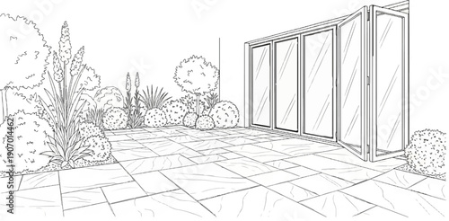 Sketch of a modern patio with bi-fold doors and lush garden landscaping