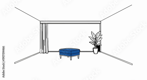 Simple line drawing of a room with a blue ottoman, a plant, and curtains