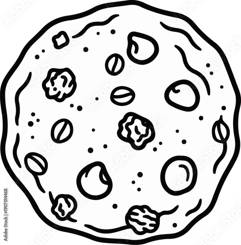 Simple line drawing of a round cookie with embedded chunks